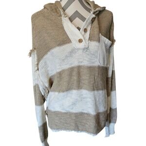 BKE Striped Knit Hoodie Sweater Tan White Distressed Raw Hem Henley Medium